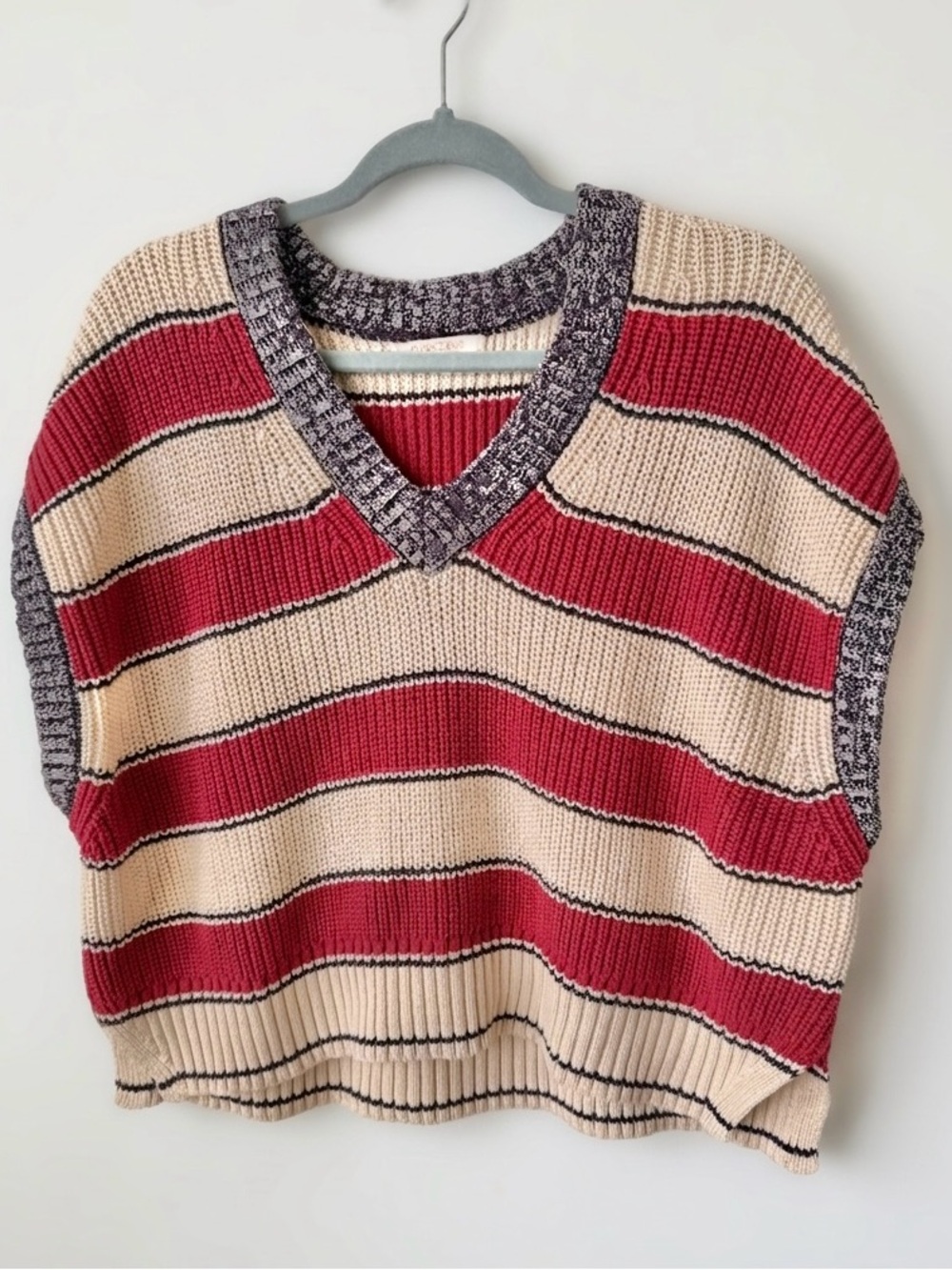 OLIVACEOUS Chunky Striped Sweater Vest Cropped Red Beige Preppy L